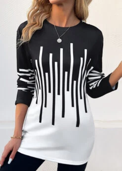 Black Patchwork Geometric Print Long Sleeve T Shirt -Modlily Shop 344829 P 16992691585382