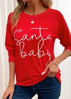 Red Letter Print Long Sleeve Round Neck Sweatshirt -Modlily Shop 345116 P 16988348103372