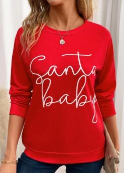 Red Letter Print Long Sleeve Round Neck Sweatshirt -Modlily Shop 345116 P 16988348104230