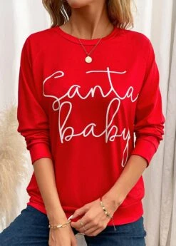 Red Letter Print Long Sleeve Round Neck Sweatshirt -Modlily Shop 345116 P 16988348109405