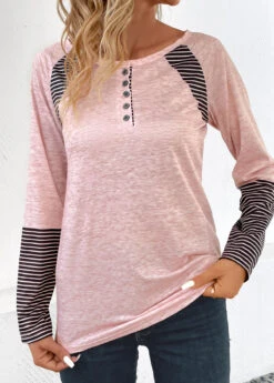 Light Pink Button Striped Long Sleeve T Shirt -Modlily Shop 345118 P 16989205085292