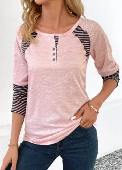 Light Pink Button Striped Long Sleeve T Shirt -Modlily Shop 345118 P 16989205086663