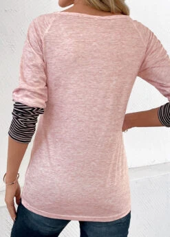 Light Pink Button Striped Long Sleeve T Shirt -Modlily Shop 345118 P 16989205086711