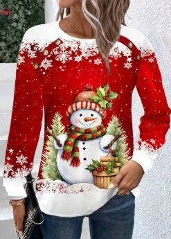 Red Button Snowman Print Long Sleeve Round Neck Sweatshirt -Modlily Shop 345135 P 1698053742743