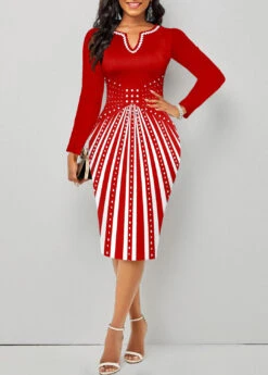 Red Split Geometric Print Long Sleeve Bodycon Dress