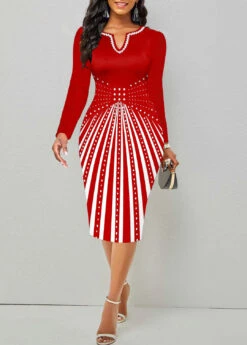 Red Split Geometric Print Long Sleeve Bodycon Dress -Modlily Shop 345185 P 1698118136841