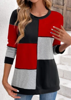 Black Patchwork Long Sleeve Round Neck Sweatshirt -Modlily Shop 345341 P 16986340211473
