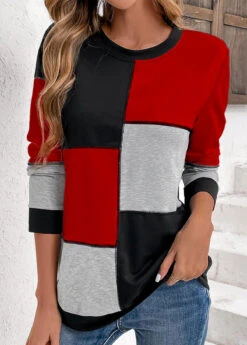 Black Patchwork Long Sleeve Round Neck Sweatshirt -Modlily Shop 345341 P 16986340213575