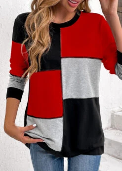 Black Patchwork Long Sleeve Round Neck Sweatshirt -Modlily Shop 345341 P 16986340216914