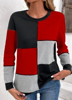 Black Patchwork Long Sleeve Round Neck Sweatshirt -Modlily Shop 345341 P 16986340217802