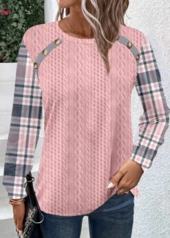 Pink Patchwork Plaid Long Sleeve Round Neck Sweatshirt -Modlily Shop 345479 P 1698649126044