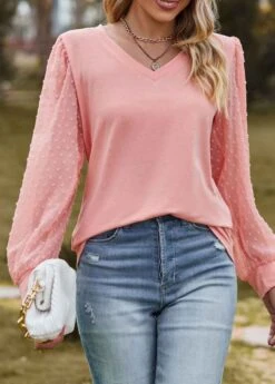 Dusty Pink Patchwork Long Sleeve V Neck T Shirt 8 Dusty Pink Patchwork Long Sleeve V Neck T Shirt -Modlily Shop 345663 P 1698989529277