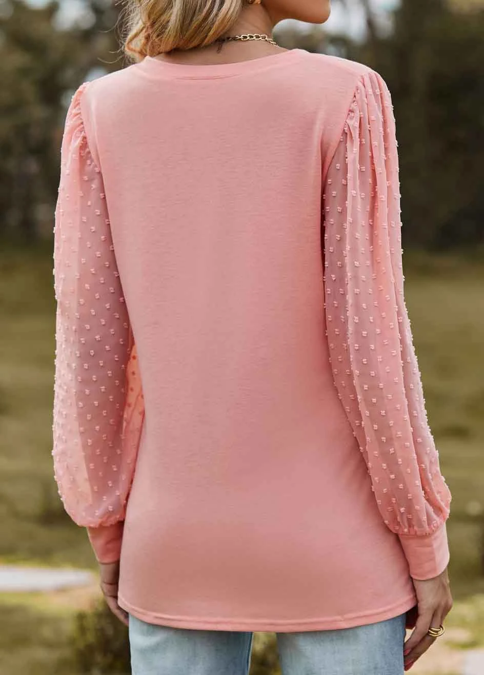 Dusty Pink Patchwork Long Sleeve V Neck T Shirt 4 Dusty Pink Patchwork Long Sleeve V Neck T Shirt - Image 2