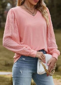 Dusty Pink Patchwork Long Sleeve V Neck T Shirt 9 Dusty Pink Patchwork Long Sleeve V Neck T Shirt -Modlily Shop 345663 P 1698989529787