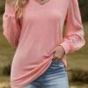 Dusty Pink Patchwork Long Sleeve V Neck T Shirt