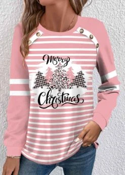 Pink Button Christmas Tree Print Long Sleeve T Shirt