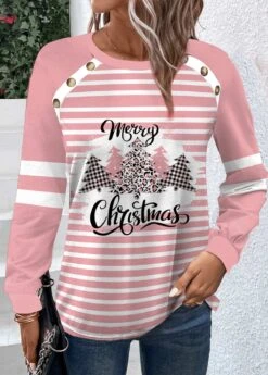 Pink Button Christmas Tree Print Long Sleeve T Shirt -Modlily Shop 345909 P 1698827620793
