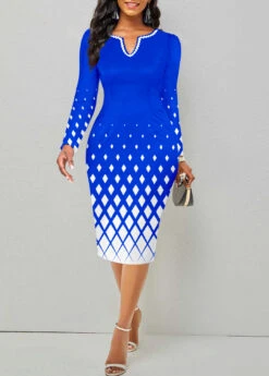 Royal Blue Split Geometric Print Long Sleeve Dress -Modlily Shop 346152 P 1699238555800