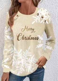 Champagne Button Snowflake Print Christmas Round Neck Sweatshirt