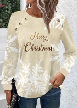 Champagne Button Snowflake Print Christmas Round Neck Sweatshirt -Modlily Shop 346298 P 1699255873544